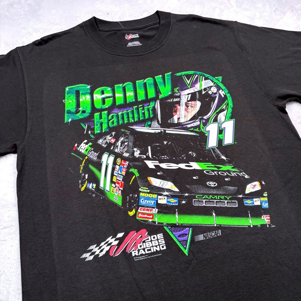 VTG 2009 Denny Hamlin T-Shirt Mens L Black FedEx Joe Gibbs Racing #11 Chase Auth